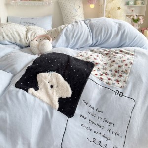 Cartoon embroidery duvet comforter cover blue bed sheets winter milk velvet bedding set