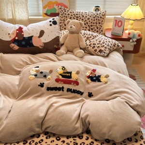 Cartoon towel embroidery duvet cover milk velvet bed sheets 4pcs bedding set