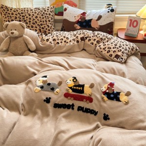 Cartoon towel embroidery duvet cover milk velvet bed sheets 4pcs bedding set