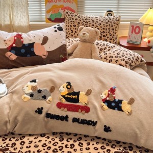 Cartoon towel embroidery duvet cover milk velvet bed sheets 4pcs bedding set