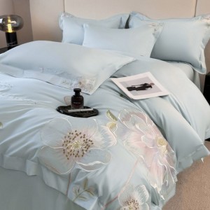 100% Long Staple Cotton Floral Embroidery Duvet Quilt Cover Blue Bed Sheets Bedding Set