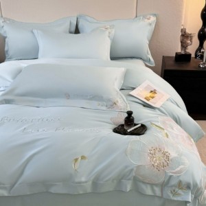100% Long Staple Cotton Floral Embroidery Duvet Quilt Cover Blue Bed Sheets Bedding Set