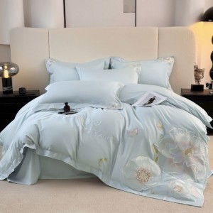100% Long Staple Cotton Floral Embroidery Duvet Quilt Cover Blue Bed Sheets Bedding Set
