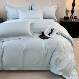 100% Long Staple Cotton Floral Embroidery Duvet Quilt Cover Blue Bed Sheets Bedding Set