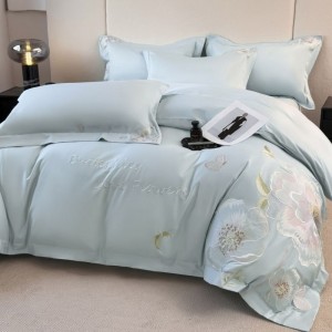 100% Long Staple Cotton Floral Embroidery Duvet Quilt Cover Blue Bed Sheets Bedding Set