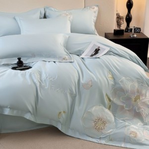 100% Long Staple Cotton Floral Embroidery Duvet Quilt Cover Blue Bed Sheets Bedding Set