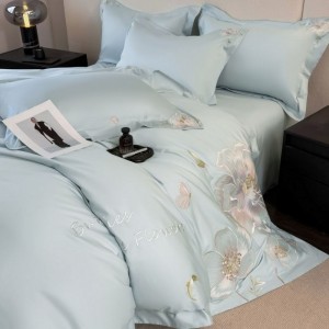 100% Long Staple Cotton Floral Embroidery Duvet Quilt Cover Blue Bed Sheets Bedding Set