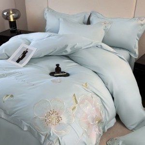 100% Long Staple Cotton Floral Embroidery Duvet Quilt Cover Blue Bed Sheets Bedding Set