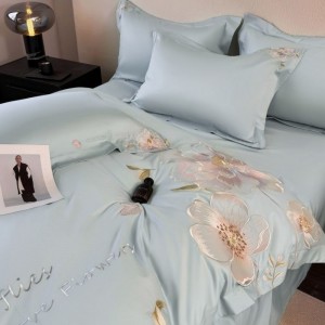 100% Long Staple Cotton Floral Embroidery Duvet Quilt Cover Blue Bed Sheets Bedding Set