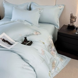100% Long Staple Cotton Floral Embroidery Duvet Quilt Cover Blue Bed Sheets Bedding Set