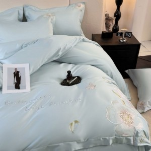100% Long Staple Cotton Floral Embroidery Duvet Quilt Cover Blue Bed Sheets Bedding Set
