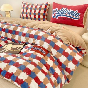 Red plaid printing duvet quilt cover bed sheets milk velvet 4pcs bedding set