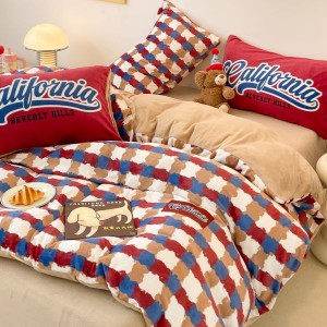 Red plaid printing duvet quilt cover bed sheets milk velvet 4pcs bedding set