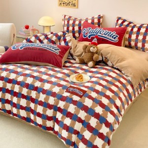 Red plaid printing duvet quilt cover bed sheets milk velvet 4pcs bedding set