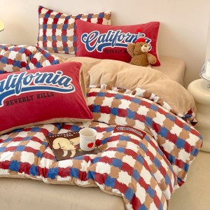 Red plaid printing duvet quilt cover bed sheets milk velvet 4pcs bedding set