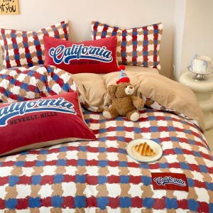 Red plaid printing duvet quilt cover bed sheets milk velvet 4pcs bedding set