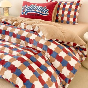 Red plaid printing duvet quilt cover bed sheets milk velvet 4pcs bedding set