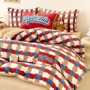 Red plaid printing duvet quilt cover bed sheets milk velvet 4pcs bedding set