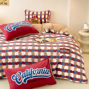 Red plaid printing duvet quilt cover bed sheets milk velvet 4pcs bedding set
