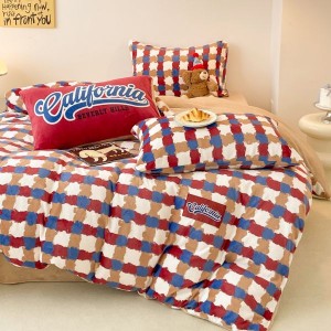 Red plaid printing duvet quilt cover bed sheets milk velvet 4pcs bedding set