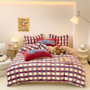 Red plaid printing duvet quilt cover bed sheets milk velvet 4pcs bedding set