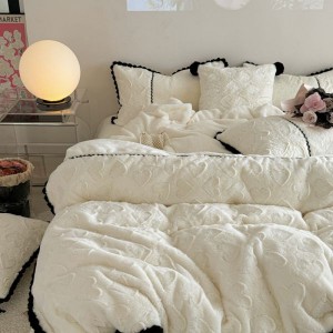 Light luxury rabbit plush high weight winter warm splicing kit thickened milk plush four-piece bedding set
