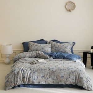 Pure Cotton Yarn-dyed Jacquard Duvet Cover Bed Sheet Blue Floral Bedding Set