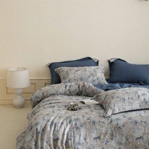 Pure Cotton Yarn-dyed Jacquard Duvet Cover Bed Sheet Blue Floral Bedding Set