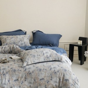 Pure Cotton Yarn-dyed Jacquard Duvet Cover Bed Sheet Blue Floral Bedding Set