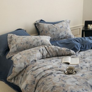 Pure Cotton Yarn-dyed Jacquard Duvet Cover Bed Sheet Blue Floral Bedding Set