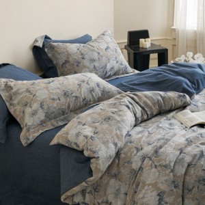 Pure Cotton Yarn-dyed Jacquard Duvet Cover Bed Sheet Blue Floral Bedding Set