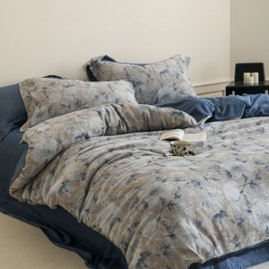 Pure Cotton Yarn-dyed Jacquard Duvet Cover Bed Sheet Blue Floral Bedding Set