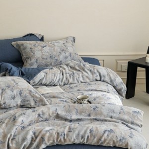 Pure Cotton Yarn-dyed Jacquard Duvet Cover Bed Sheet Blue Floral Bedding Set