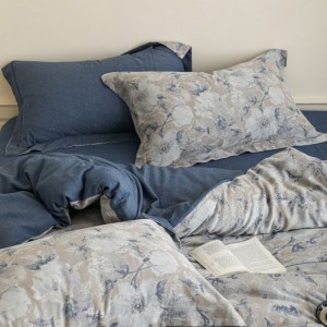 Pure Cotton Yarn-dyed Jacquard Duvet Cover Bed Sheet Blue Floral Bedding Set