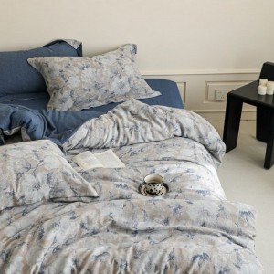 Pure Cotton Yarn-dyed Jacquard Duvet Cover Bed Sheet Blue Floral Bedding Set