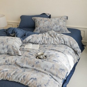 Pure Cotton Yarn-dyed Jacquard Duvet Cover Bed Sheet Blue Floral Bedding Set