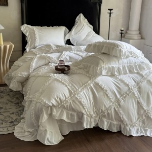 French Style Skin-friendly Lace Edge Duvet Cover White Bed Sheets Cotton Bedding Set