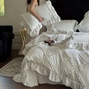 French Style Skin-friendly Lace Edge Duvet Cover White Bed Sheets Cotton Bedding Set