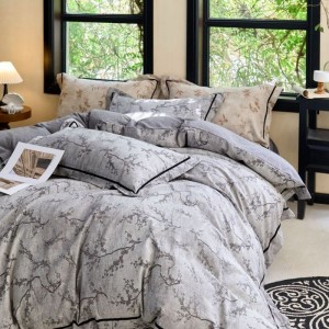 Cotton Linen Purple Floral Duvet Quilt Cover Bed Sheets Four Piece Bedding Set