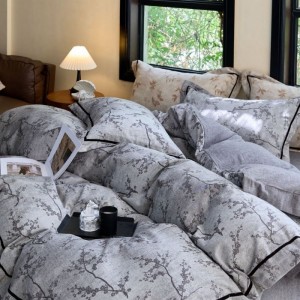 Cotton Linen Purple Floral Duvet Quilt Cover Bed Sheets Four Piece Bedding Set