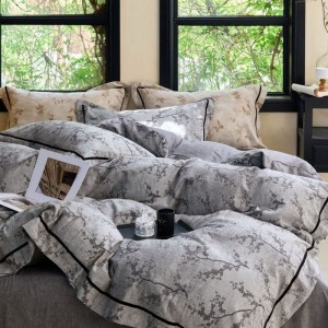 Cotton Linen Purple Floral Duvet Quilt Cover Bed Sheets Four Piece Bedding Set