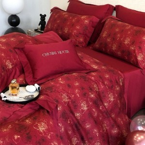 500S Australian Cotton Digital Printing Quilt Cover Red Wedding 4PCS Bed Sheet Bedding Set