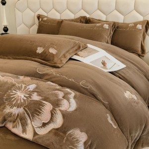 Floral plant embroidery milk velvet duvet cover comforter cover four piece bed sheets brown bedding set
