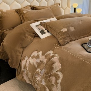 Floral plant embroidery milk velvet duvet cover comforter cover four piece bed sheets brown bedding set