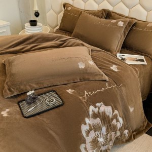 Floral plant embroidery milk velvet duvet cover comforter cover four piece bed sheets brown bedding set