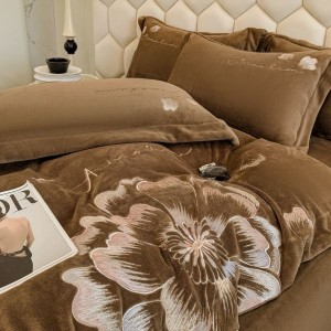 Floral plant embroidery milk velvet duvet cover comforter cover four piece bed sheets brown bedding set