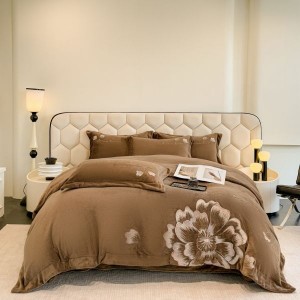 Floral plant embroidery milk velvet duvet cover comforter cover four piece bed sheets brown bedding set