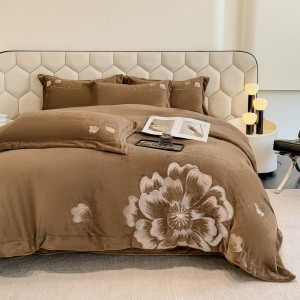 Floral plant embroidery milk velvet duvet cover comforter cover four piece bed sheets brown bedding set