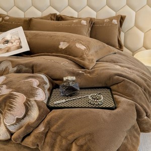 Floral plant embroidery milk velvet duvet cover comforter cover four piece bed sheets brown bedding set