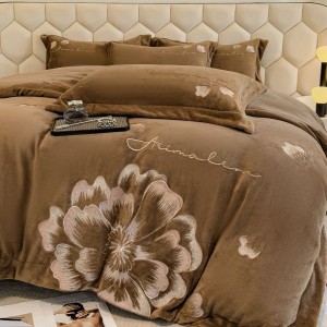 Floral plant embroidery milk velvet duvet cover comforter cover four piece bed sheets brown bedding set